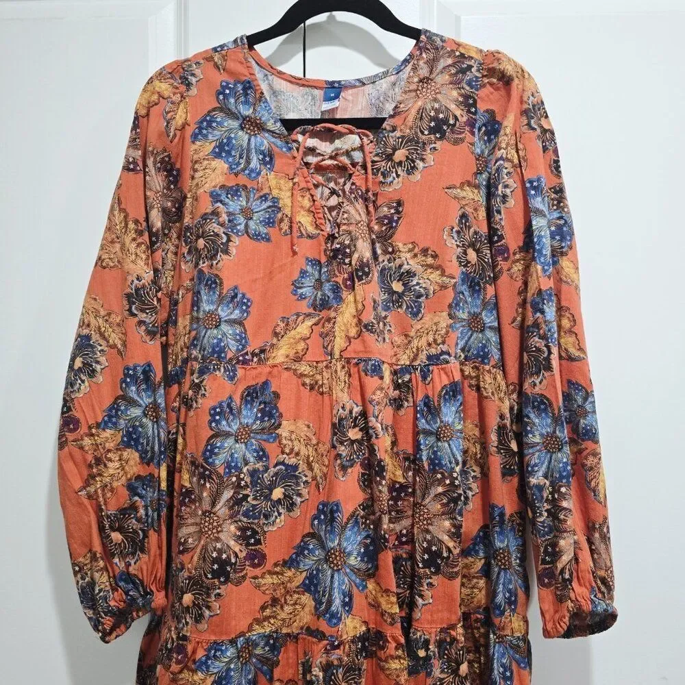 Old Navy - M Women Tie‎ Neck Tiered Orange Floral Mini Swing Dress Boho